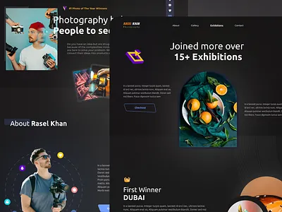Dark Home & Exhibitions page for Photographer portfolio website app designer best ui ux branding dark theme ui dark ui figma figma ui ux graphic design photographer ui photographer website ui photography theme ui portfolio website ui ui ui designer ui for inspiration ui ux ui ux dark user experience user interface wonderful ui