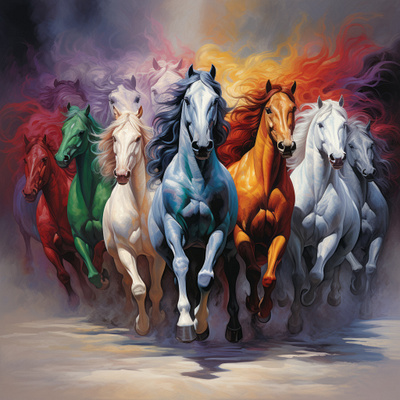 Vivid Symphony: A Herd of Colorful Stallions art beauty blazing colors freedom grace horses power spirit stallions strength visual symphony