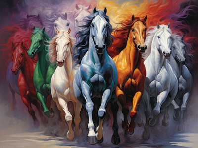 Vivid Symphony: A Herd of Colorful Stallions art beauty blazing colors freedom grace horses power spirit stallions strength visual symphony