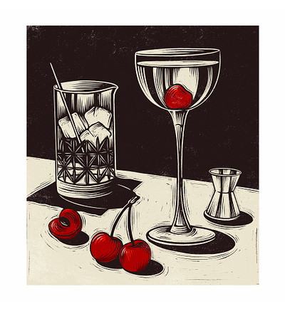 Cherry Cocktail cocktail digital ella ginn folioart illustration line lino print traditional