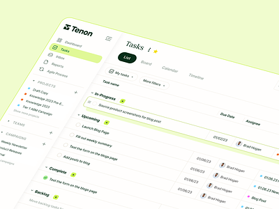 Tenon Project Management lists product design project management sidebar sort tasks ui