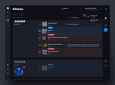 Kitchen Order Management Screen admin app dark kitchen ui workspace