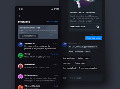 Support Chat app chat dark messages mobile support