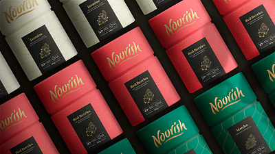 Nourish Premium Tea Packaging branding cardboard custom type design elegant graphic design hand lettering illustration leaves lettering logo logotype packaging pattern premium tea tube package type vector wordmark