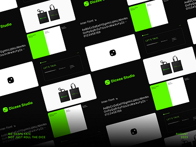Diceee Studio Brand agency black branding design dice graphic design green identity logo mockup totebag vector visual