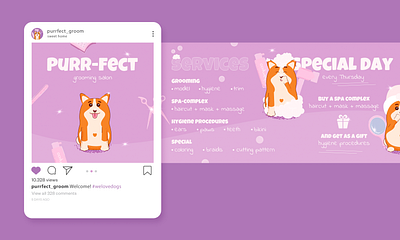 The dog character for instagram carousel for groomig art character corgi design dog flat graphic design grooming illustration vector