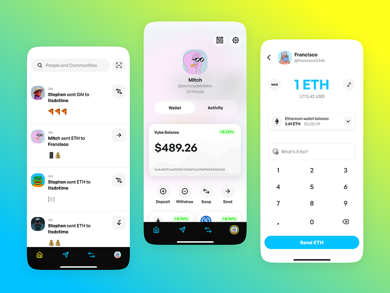 Vybe - Send Crypto to Friends app design blockchain clean crypto feed finance freelance payments profile social ui