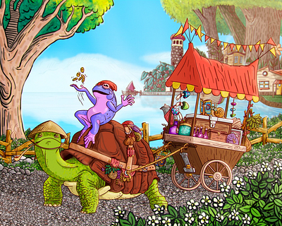 Two merchants and a warlock adobe photoshop characterdesign children book illustration childrens book colorful frog illustration snail turtle