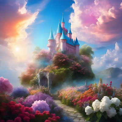 Fantasy Castle ai art artwork beautiful castle clouds design fairytale fantasy flower garden illustration magical multicolor sky storybook