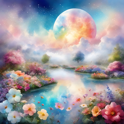 Floating Garden clouds fantasy flowers garden moon multicoloured planet rainbow reflection river sky sun water