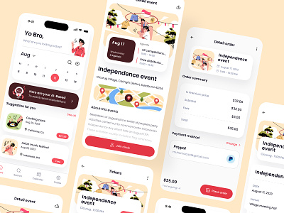 Event Assistant Mobile App app assistant booking checkout clean design event app event assistant illustration independence day indonesia mobile popular purchase red white sauqi sell ticket uiux unspace
