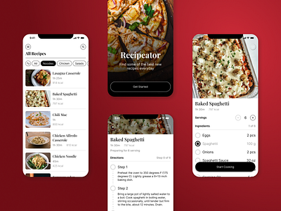 Recipeator - Food recipes and cookbook app android app cookbook cooking design diet flat food graphic design health ios minimal mobile pizza recipe red search typography ui ux