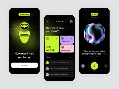 Personal AI Buddy App - AI Chatbot 3d ai ai app ai chatbot ai persoanl assistant ai voice assistant app artificial intelligence bot chatbox ai dark mode human ai jarvis machine learning mobile app ui ui design ux voice record wave