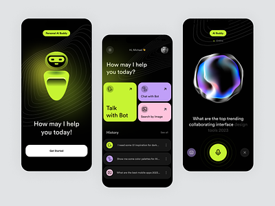 Personal AI Buddy App - AI Chatbot 3d ai ai app ai chatbot ai persoanl assistant ai voice assistant app artificial intelligence bot chatbox ai dark mode human ai jarvis machine learning mobile app ui ui design ux voice record wave