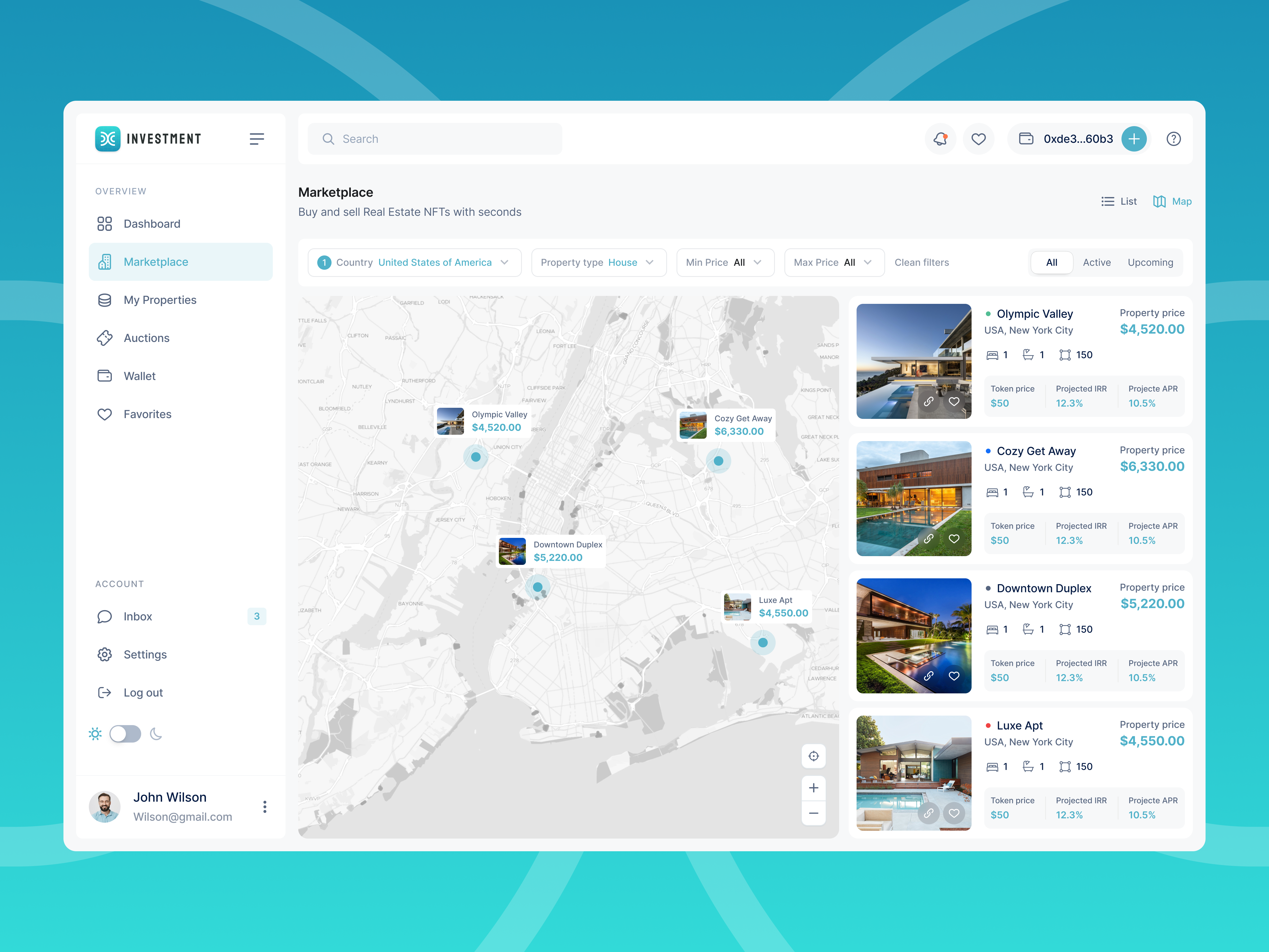 Map view | Marketplace 🗺️ app blockchain crypto house invest investment locatiop map view marketplace metamask nft property real estate rental real estate retail token token page tokens web 3 web 3.0