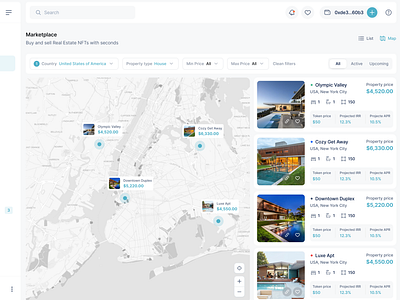 Map view | Marketplace 🗺️ app blockchain crypto house invest investment locatiop map view marketplace metamask nft property real estate rental real estate retail token token page tokens web 3 web 3.0