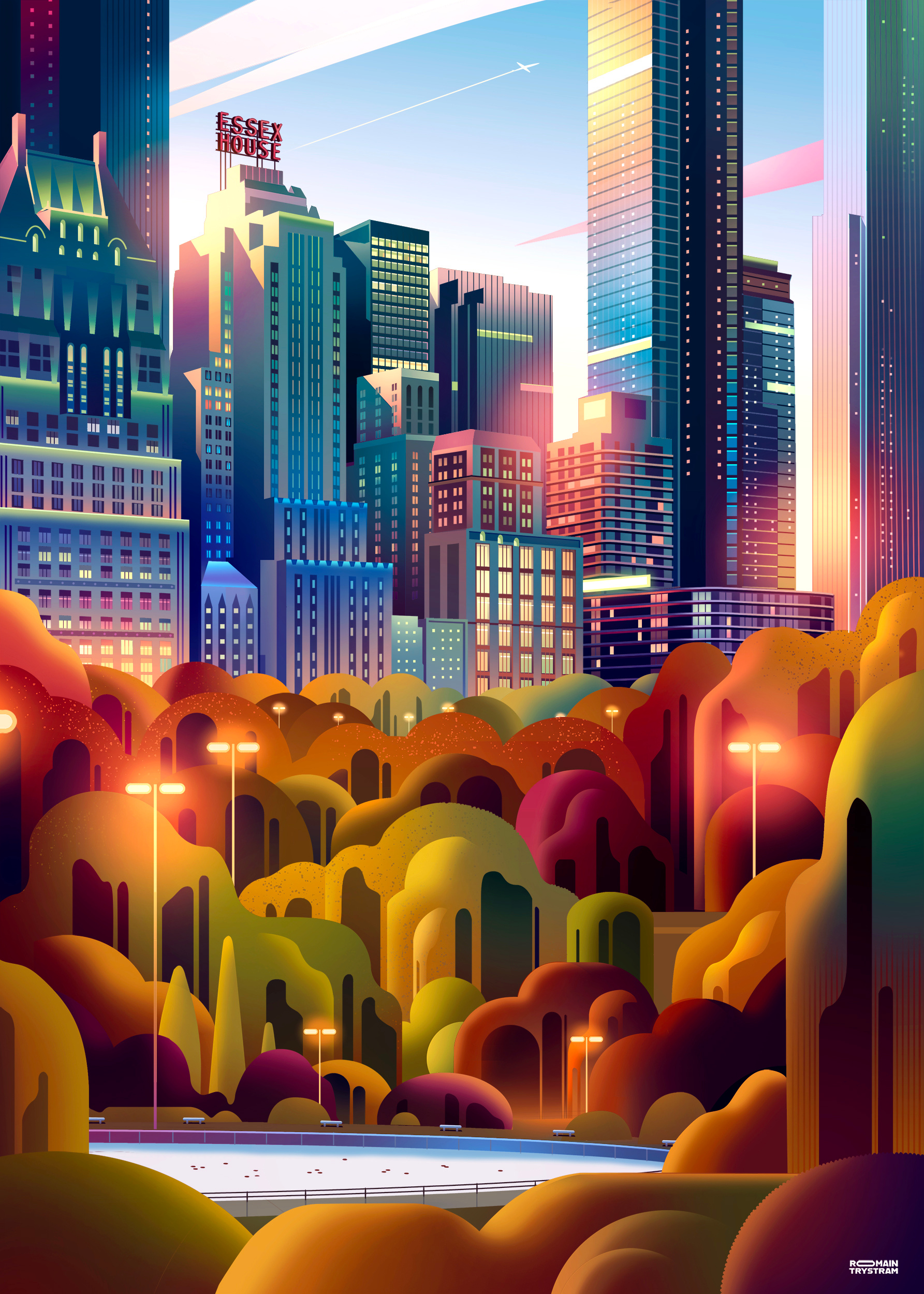 Evening in Central Park 🍂 autumn buildings centralpark city cityscape colourful fall garden illustration light parc park penthouse poster skyscraper sunlight travel usa