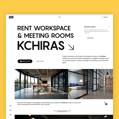 Kchiras – Hero header booking branding design hero section landing page light mode logo meeting minimalist rent room search tour ui uiux watch workspace