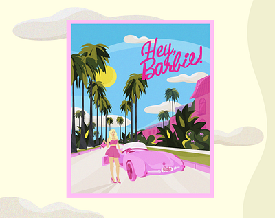 "Hey, Barbie!" vintage illustration barbie bright character cute digital art doll flat design glamour illustration ken los angeles movie old school palm trees pink poster retro texture vector vintage