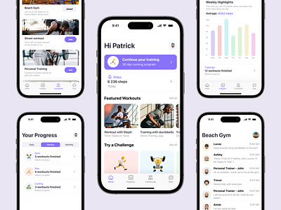 Healthy&Fitness App black challange chart chat clean design figma fitness gradient gym health healthy ios minimal purple ui uiux ux white workouts
