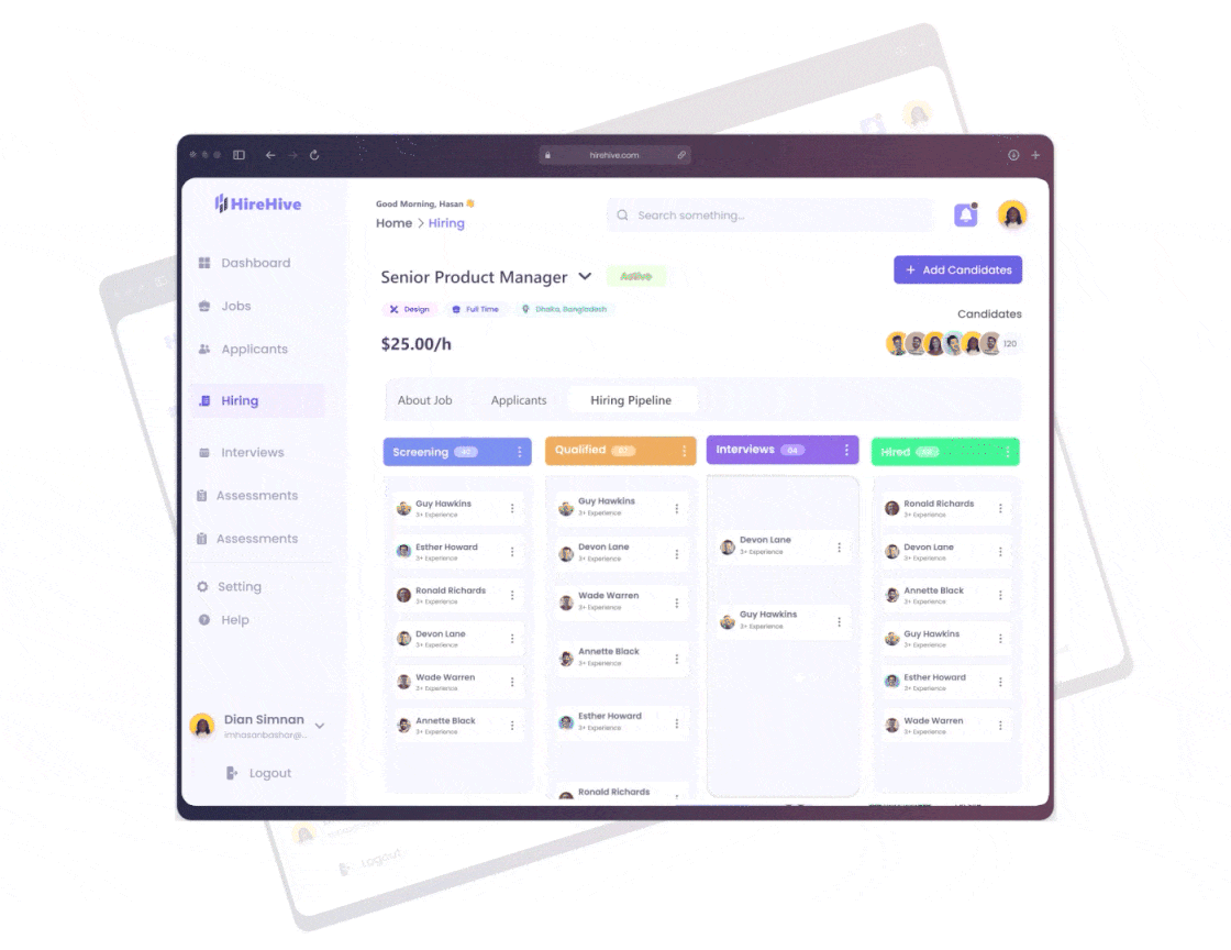 HireHive - Candidate Management SaaS Webapp abu said animation application b2b saas candidate management candidate pipeline creatibuzz dashboard drag drop hiring application hiring management hr management hr saas product design saas webapp ui ux design uiux webapp ui ux