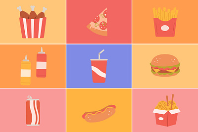 Fast Food cartoon chicken design french fries fun hotdog icon illustration ketchup noodle pizza soda