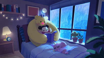 Rainy Night bear character character healingart illustration rainy illust