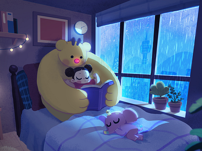 Rainy Night bear character character healingart illustration rainy illust