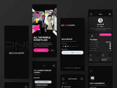 Bondr - Dating App app design chat concept creative dark ui dating design interface ios login match messanger minimal onboarding profile signup ui ux