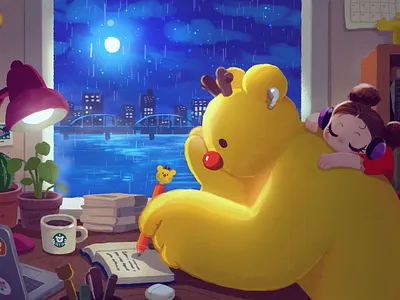 Early Morning Study bear character healing art healing illust healingart illustration studying uucare