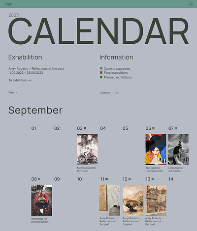 Daily UI day #038 Calendar 038 art art gallery calendar cflendar daily ui dailyui deilyui day 038 landing page ui ui design ux design web design webdeign