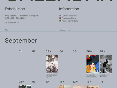 Daily UI day #038 Calendar 038 art art gallery calendar cflendar daily ui dailyui deilyui day 038 landing page ui ui design ux design web design webdeign