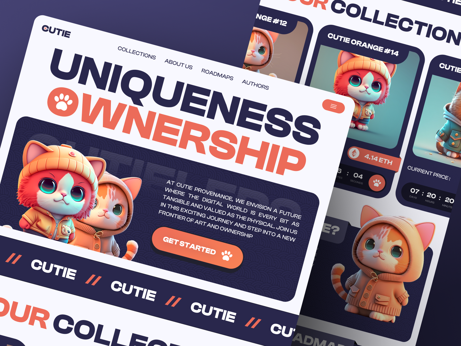Cutie - NFT Landing Page 3d artwork bitcoin bold brutalism clean crypto design ethereum hapebeast header landing page marketplaces metaverse nft nft website ui uiux web design website
