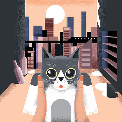 Lost cat in a cyberpunk cityscape cat digital art grainy illustration noise texture vector vector art vector illustration