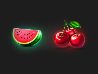 Juicy slots artua cherry fruit game art game design graphic design icon illustration slots symbol watermelon