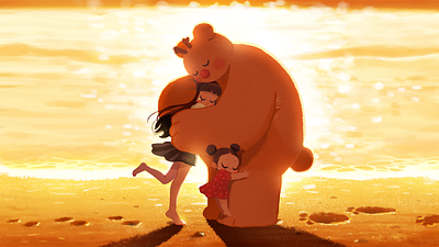 Hugging your heart bear character emotional illustration healing art healingart hug illustration sunset uucare