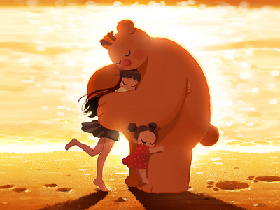 Hugging your heart bear character emotional illustration healing art healingart hug illustration sunset uucare