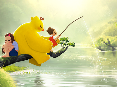 Healing fishing bear character emotional illustration fishing healingart illustration uucare