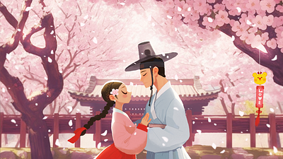 Love blooming in spring cherry blossoms emotional illustration hanbok healingart lovely art