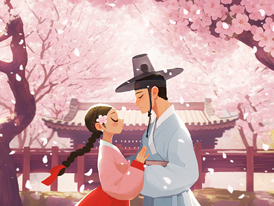 Love blooming in spring cherry blossoms emotional illustration hanbok healingart lovely art