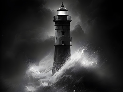 Lighthouse in the Stormy Sea art black and white calming coastal home decor lighthouse nautical ocean photography resilience seascape storm strength wall art waves