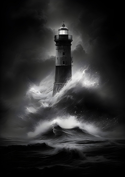 Lighthouse in the Stormy Sea art black and white calming coastal home decor lighthouse nautical ocean photography resilience seascape storm strength wall art waves