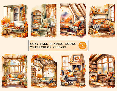 Cozy Fall Reading Nooks Watercolor Clipart Bundle autumn nook watercolors autumn reading nook clipart clipart cozy autumn scenes cozy fall cozy fall corner design digital art digital download fall book nook art fall reading nooks fall watercolor clipart graphic design illustration png reading nook cliparts reading nook illustrations reading nook scene watercolor watercolor book nooks