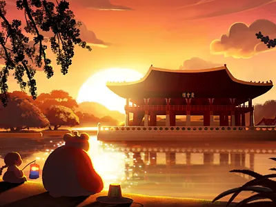 Gyeongbokgung Palace gyeongbokgung palace healing trip healingart korea sunset illust uu uucare