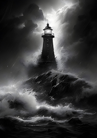 Lighthouse of Strength and Resilience art black and white calming coastal determination hope inspirational lighthouse nautical ocean photography seascape storm strength wall art waves