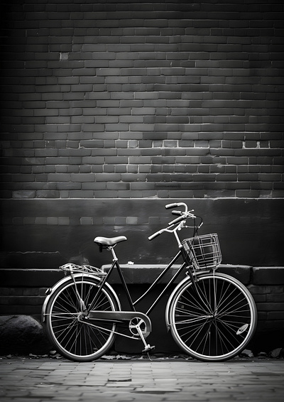 Vintage Bicycle Against a Brick Wall animation bicycle black and white classic minimalism monochrome nostalgia photography retro transportation urban vintage wall art