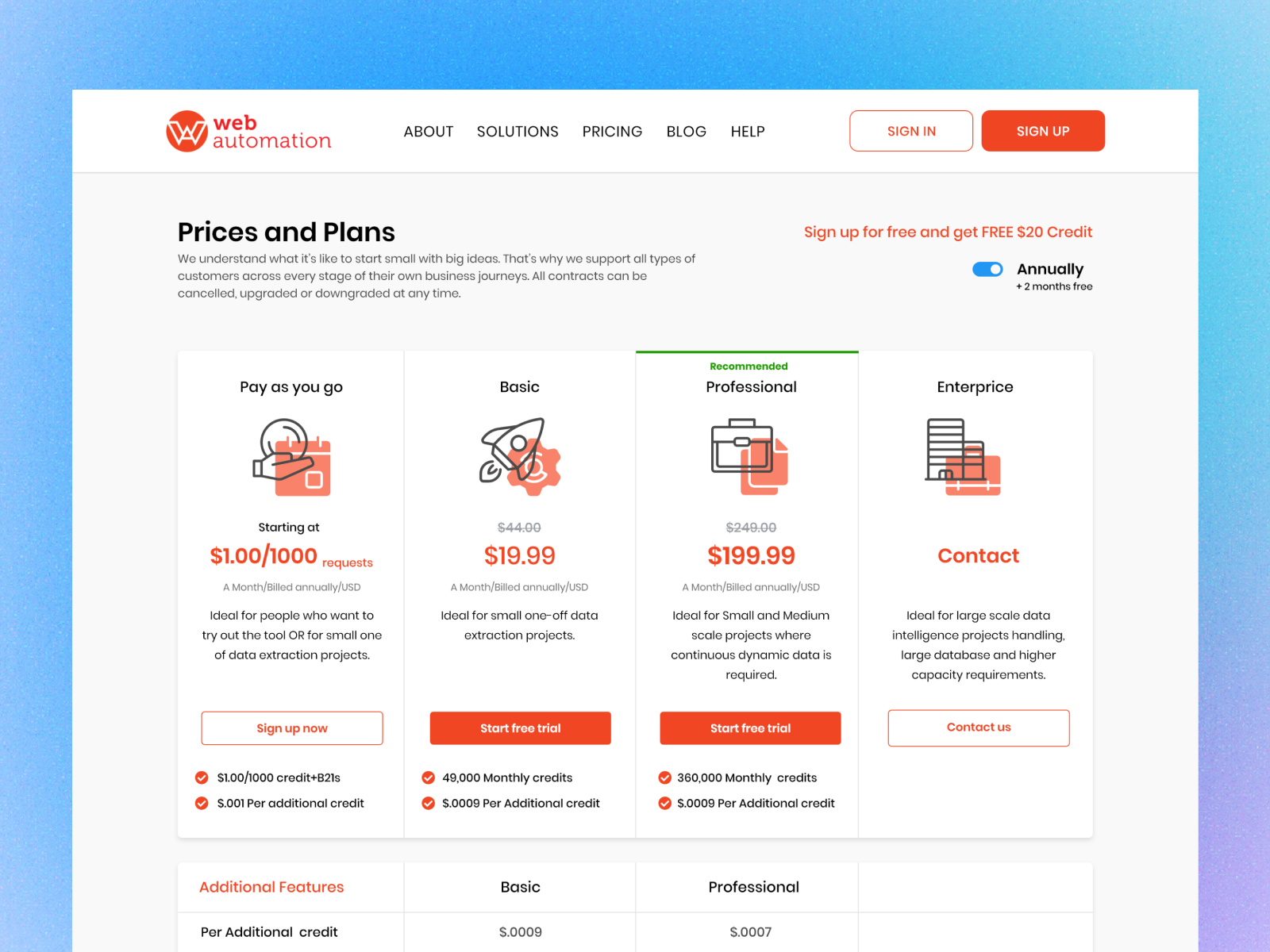 Webautomation Price Page pricing ui