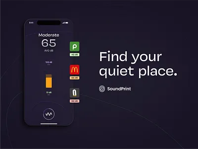 SoundPrint Brand Exploration animation branding decibles dining explore logo loud music native app product design purple quiet sound sound levels sound measurement soundprint uiux wave length yelp