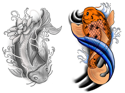 Koi. black and grey colour design digital digitalart drawing fish flash floral flower japanese koi tattoo water waves