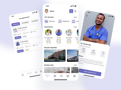 Screens For "Medical Services" App. app appointment screen covid 19 dentist design designer doctor doctor profile home screen hospital ios medical app medicine mobile app ui ux patient pharmacy ui ui design ui ux design ux